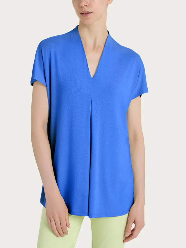 Ragno Viscosa Summer T-shirt Scollo V Blu con Piega