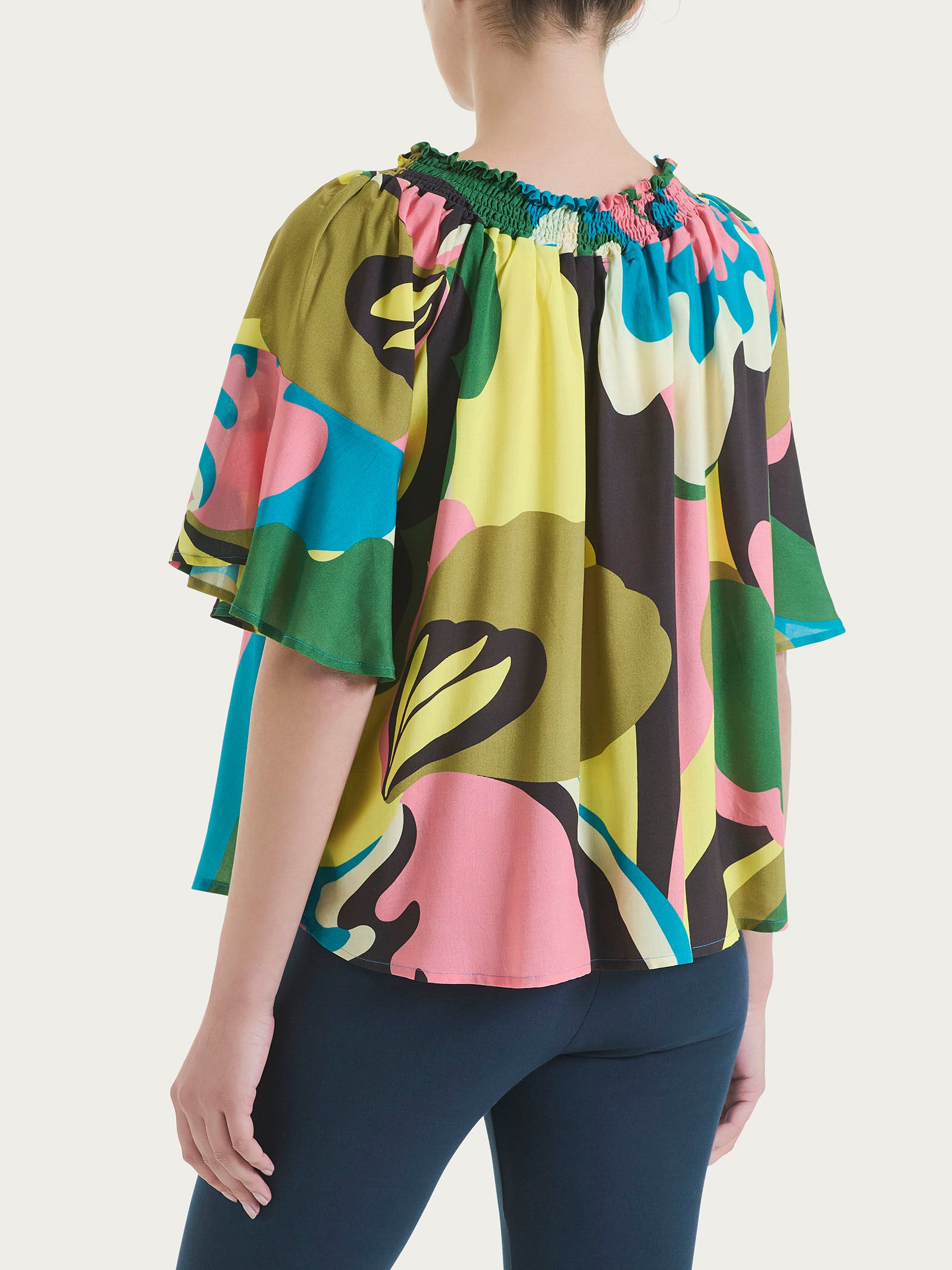 Ragno EcoSeta maglietta arricciata fantasia teal