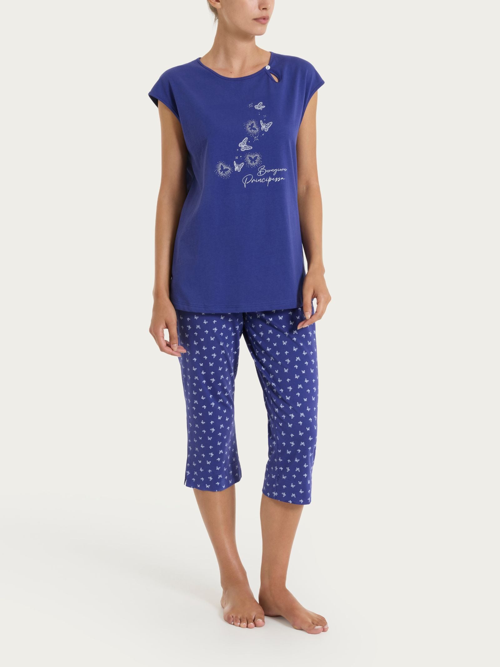 Ragno Jersey Pigiama Donna Cotone Pinocchietto Blu Navy Blue