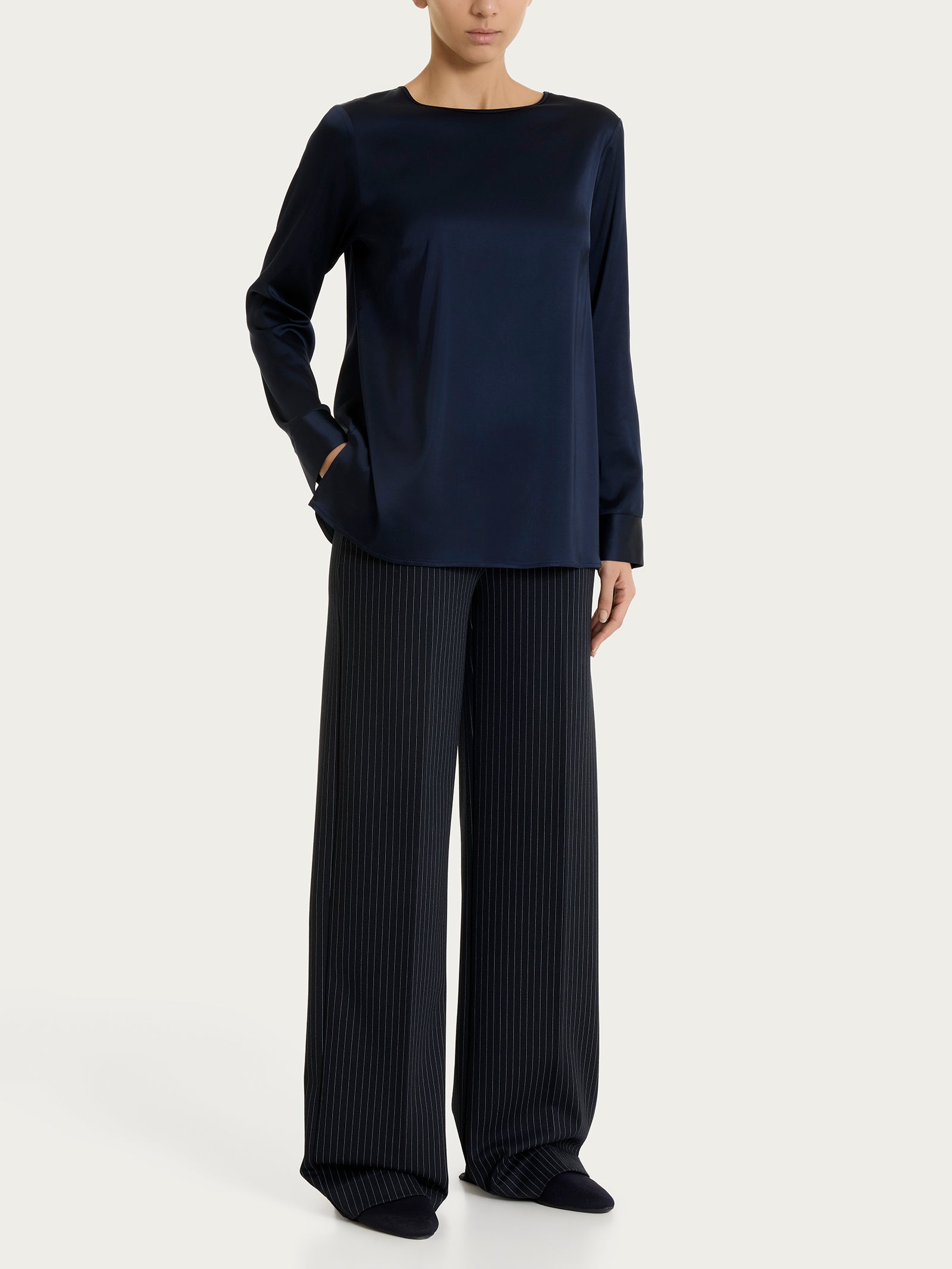 Ragno Blusa Manica Lunga Camicia Stretch Satin Blu
