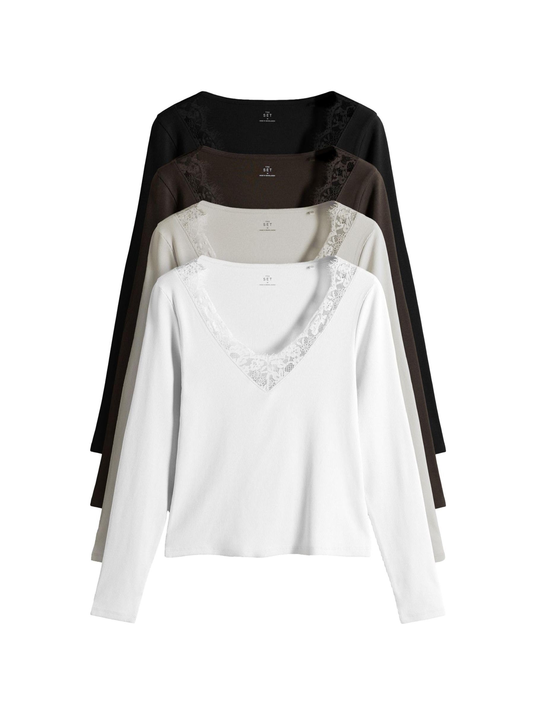 Geo Next THE SET Magliette Scollo V Donna 4 Pezzi Pizzo Maniche Lunghe