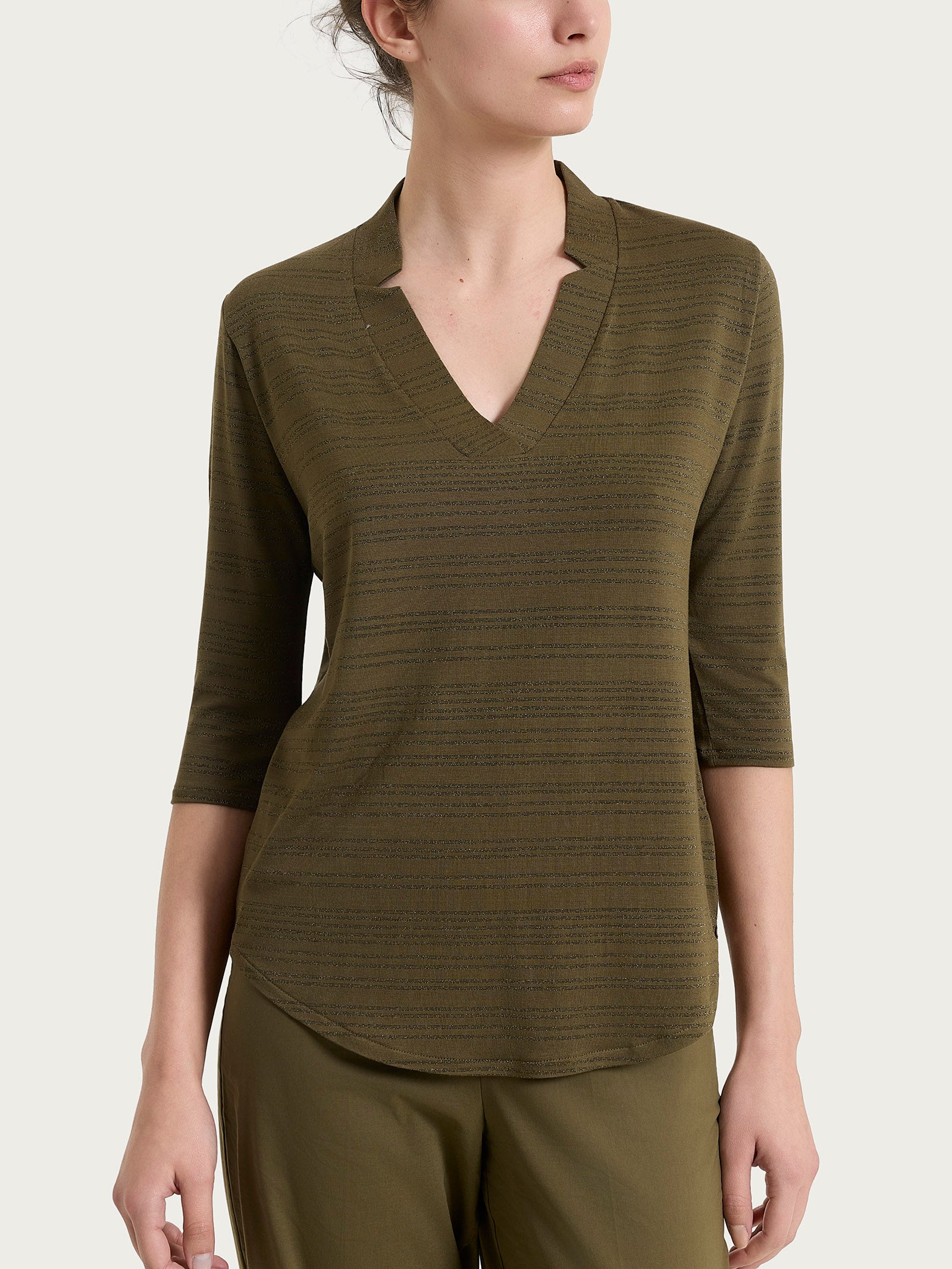 Ragno Viscosa Summer maglietta scollo a V righe Dark Olive soft