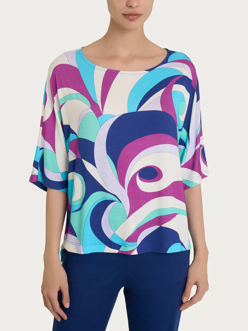 Ragno Viscosa Summer maglietta scollo barca blu fantasia onde