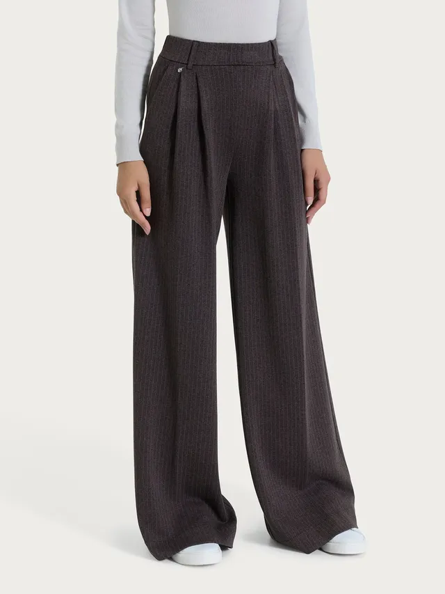 Ragno Eco Jacquard pantalone palazzo gessato Chocolate pinces