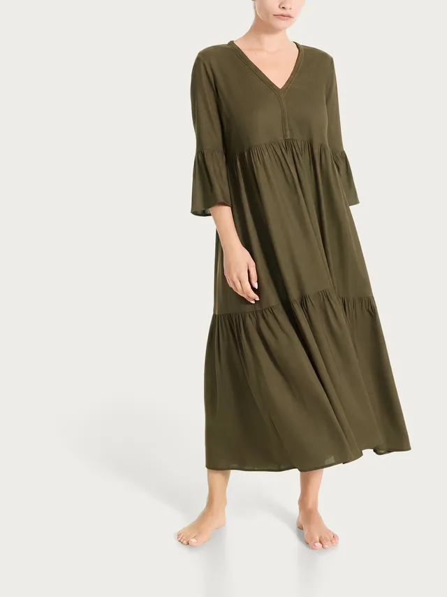 Ragno Mussola Slub balze abito lungo dark olive