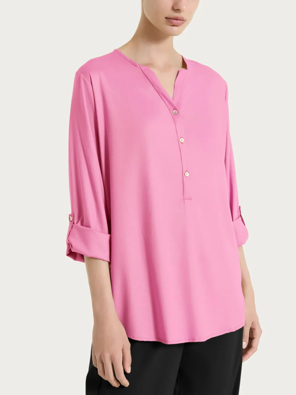 Ragno Voile Stretch Blusa Serafino Manica Risvoltabile Rosa viscosa elasticizzata