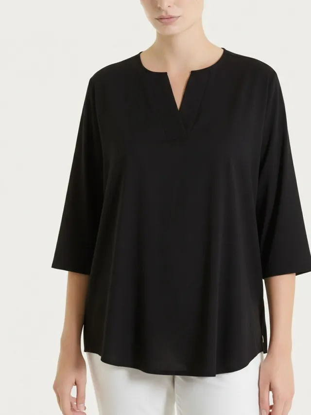 Ragno Blusa Scollo a V Voile Stretch Nero vestibilità soft