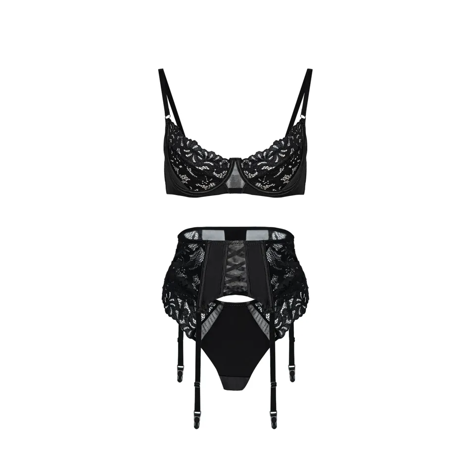Maria Grazia Severi set intimo nero pizzo e raso con giarrettiera