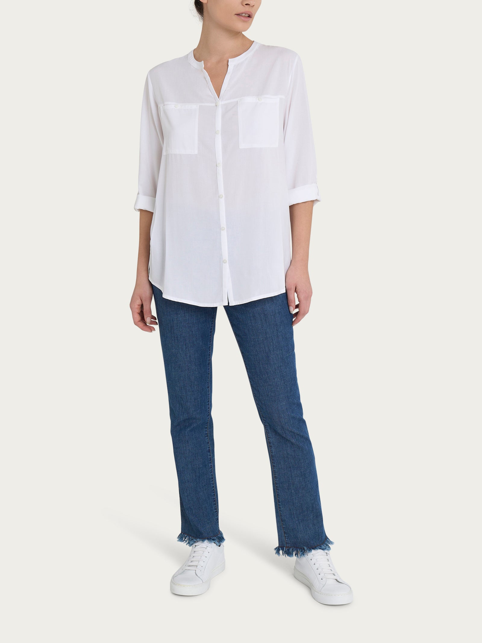 Ragno EcoSeta Camicia Collo Coreana Donna Bianco Manica Lunga
