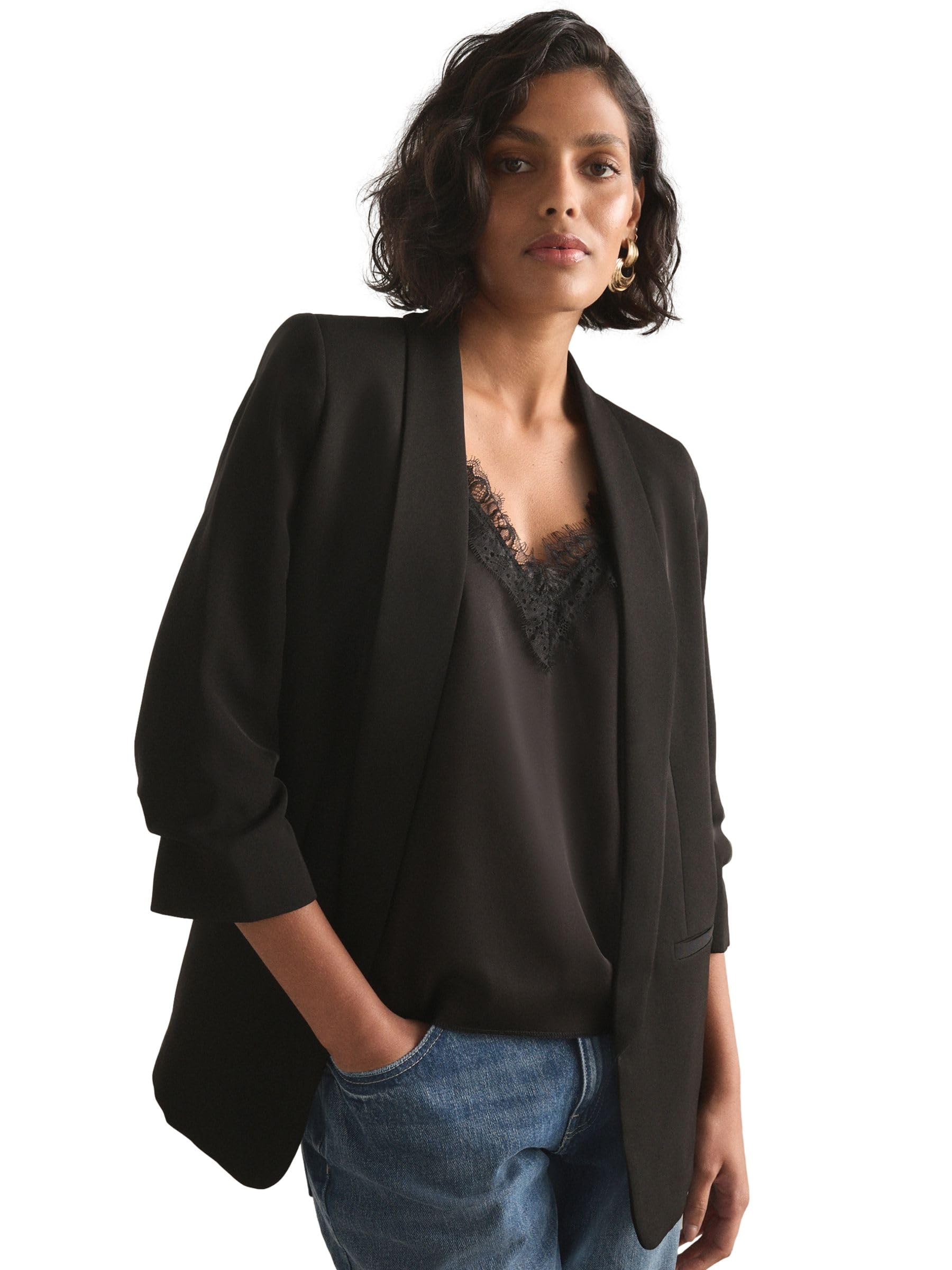Next Blazer Comodo Maniche Arricciate Donna Nero Stiro Facile
