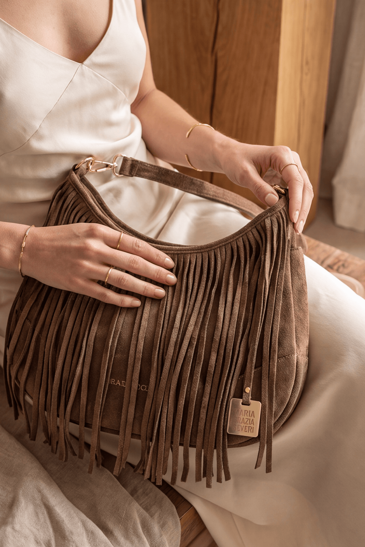 Maria Grazia Severi SSD25553 borsa frange marrone tracolla