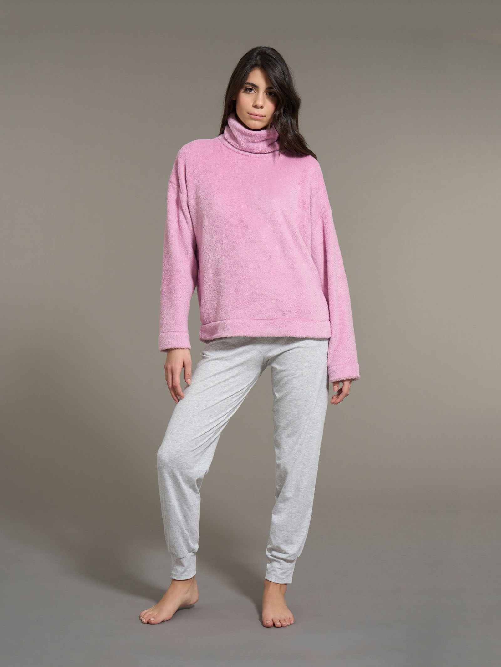 Ragno pigiama donna rosa collo vulcano in pile