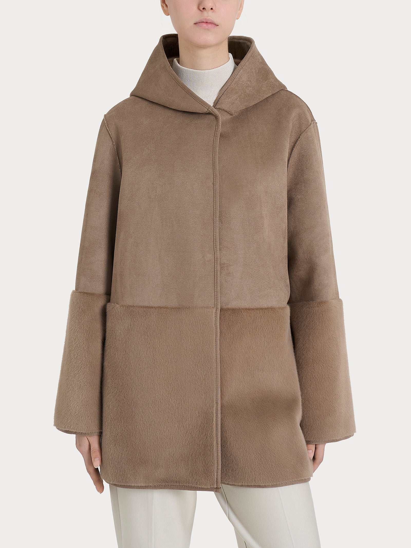 Ragno giacca cappuccio double-face Vegan Shearling pine bark
