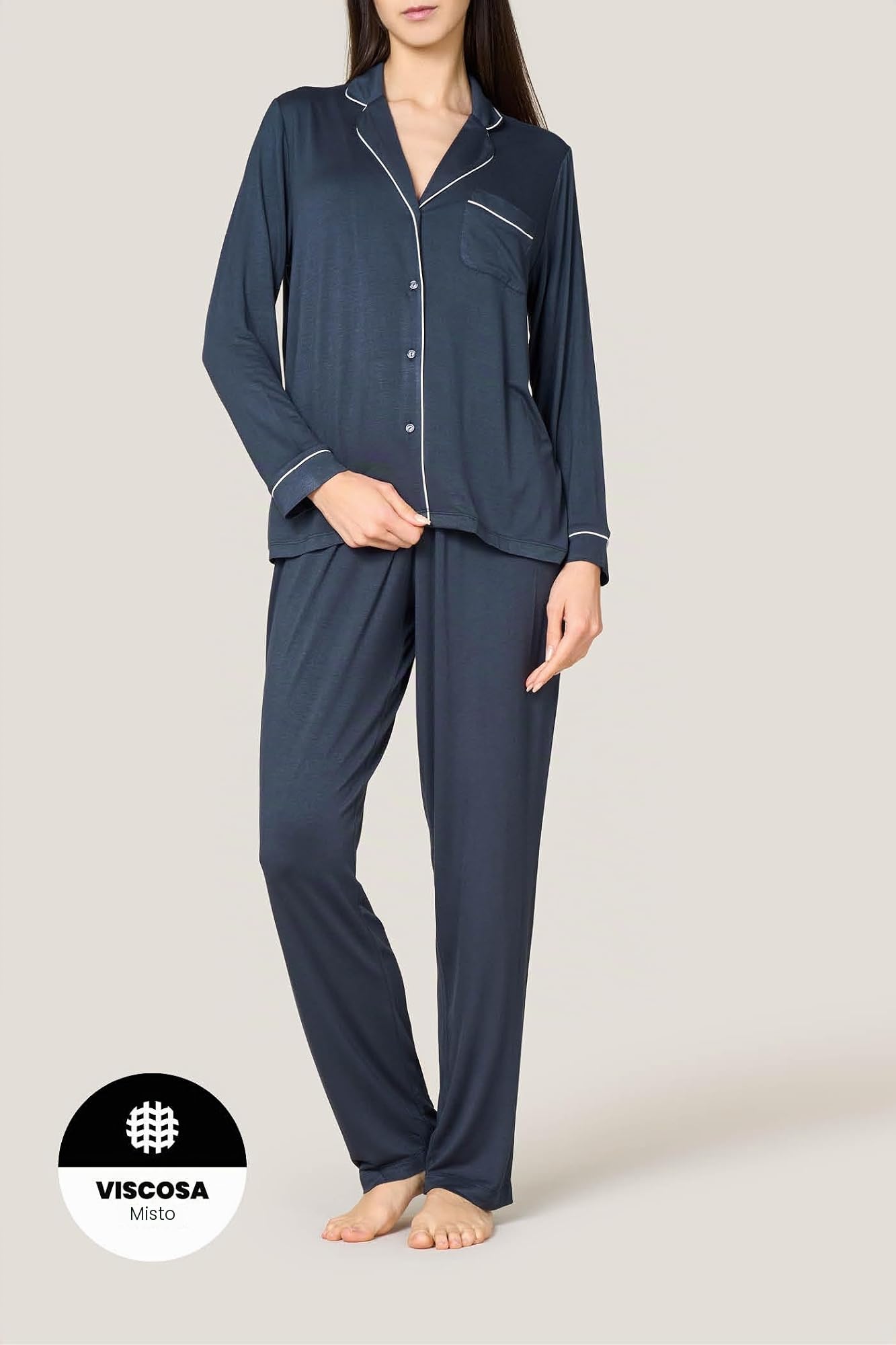 Goldenpoint Pigiama Lungo Abbottonato Piping Pigiama Donna