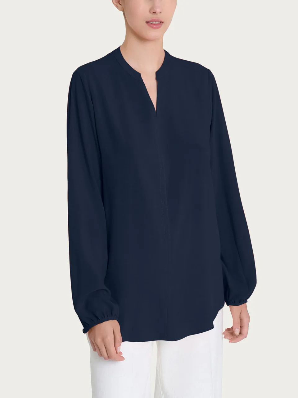 Ragno EcoSeta Blusa Collo Coreana Manica Lunga Blu Raso Viscosa