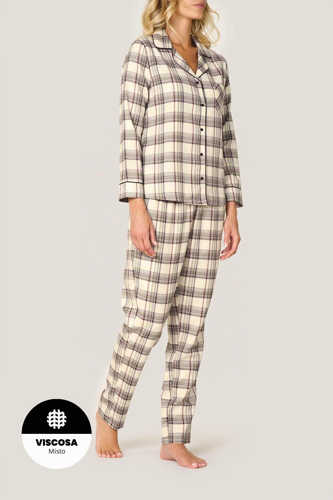 Goldenpoint Abbottonato Piping Tartan pigiama lungo donna aperto davanti