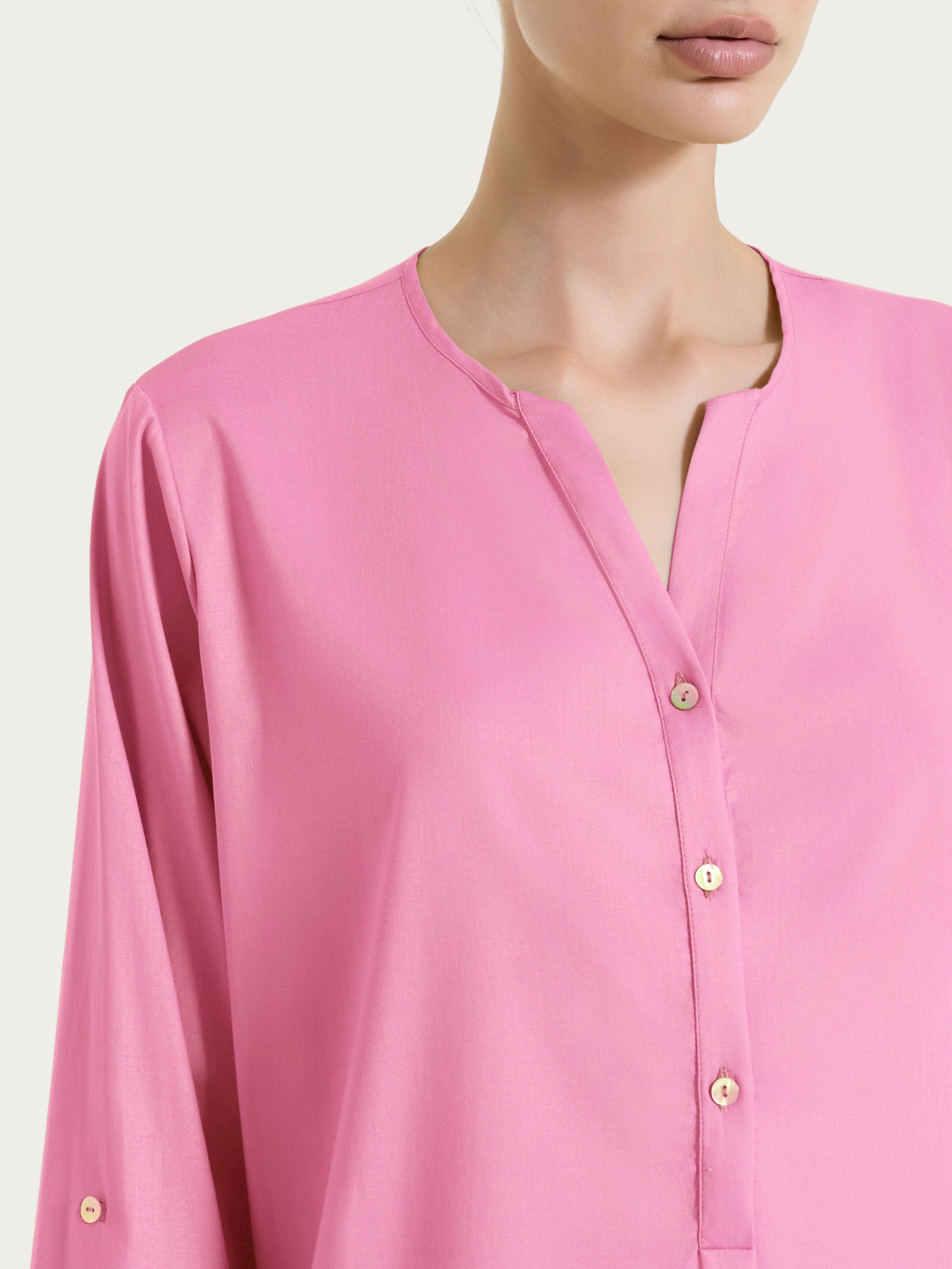 Ragno Voile Stretch Blusa Serafino Manica Risvoltabile Rosa viscosa elasticizzata
