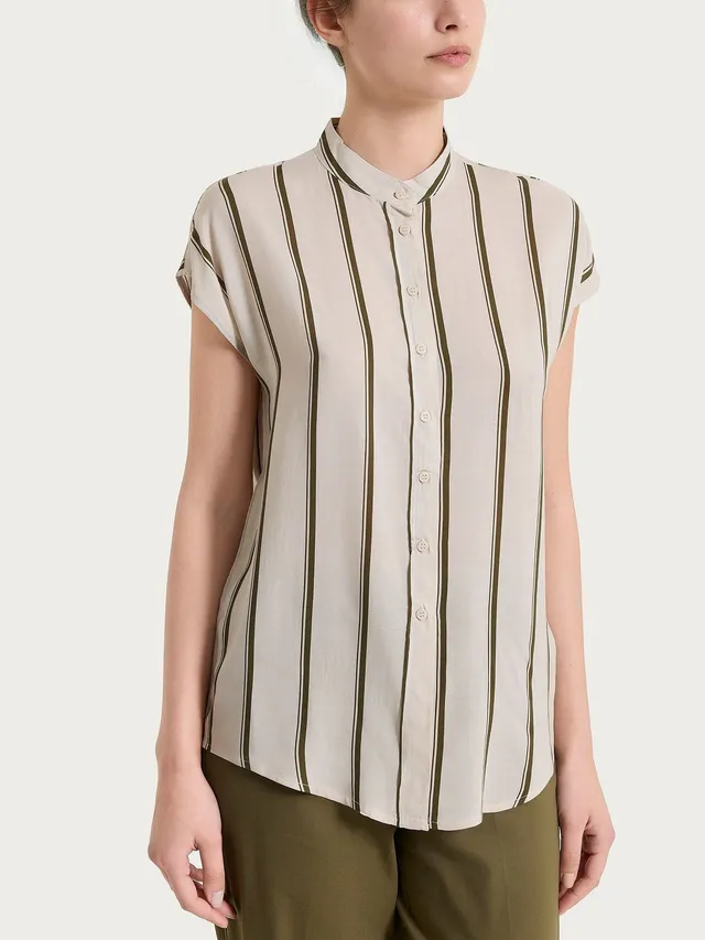 Ragno EcoSeta Camicia Donna Rigata Manica Kimono Dark Olive