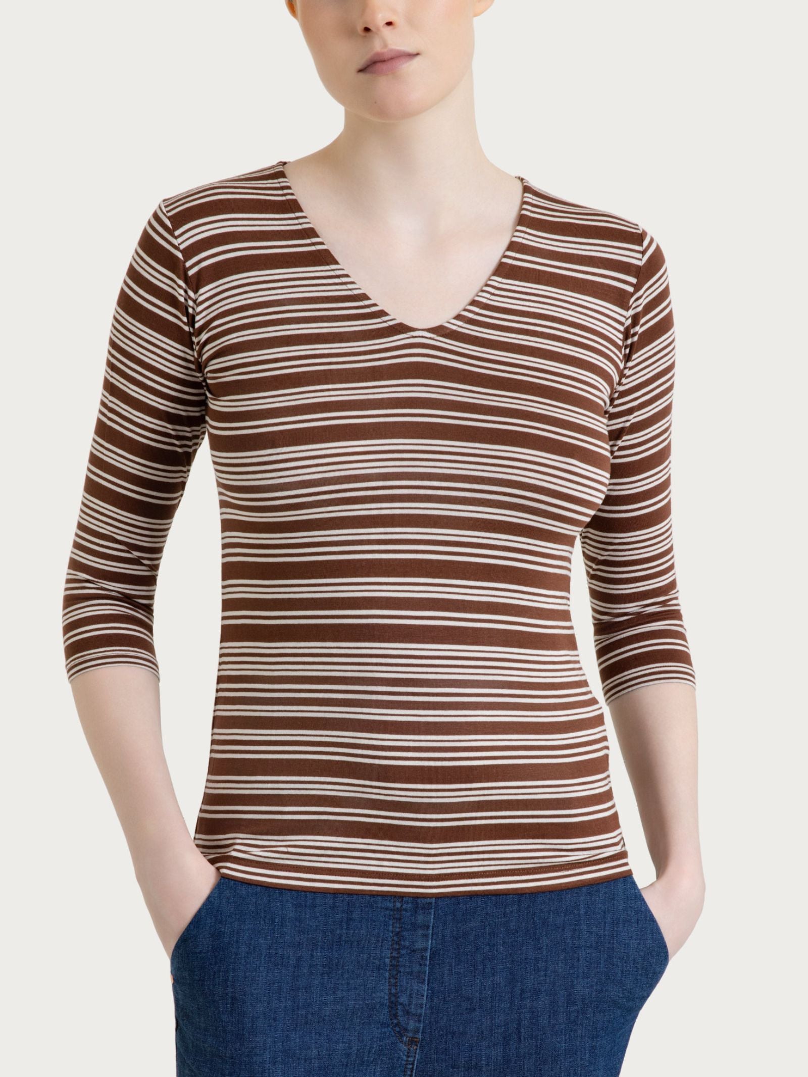 Ragno Viscosa Summer Maglietta Righe Scollo V Fant. Cappuccino