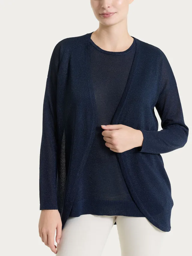 Ragno Crepe Lurex Cardigan Bleu aperto senza bottoni