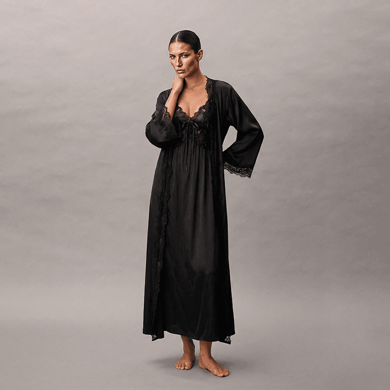 Maria Grazia Severi Elegant Lace camicia notte raso nero pizzo