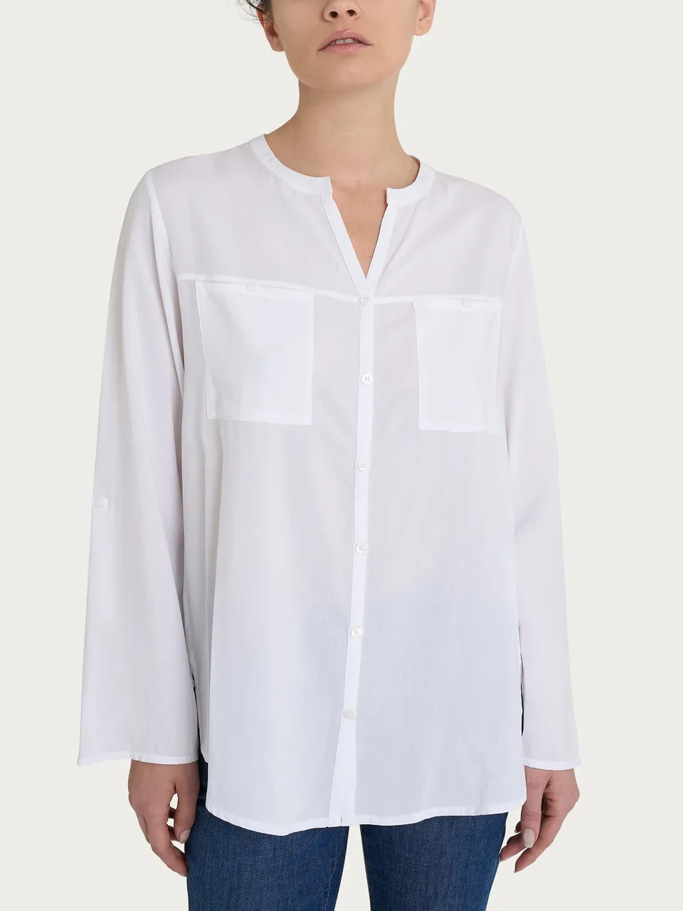 Ragno EcoSeta Camicia Collo Coreana Donna Bianco Manica Lunga
