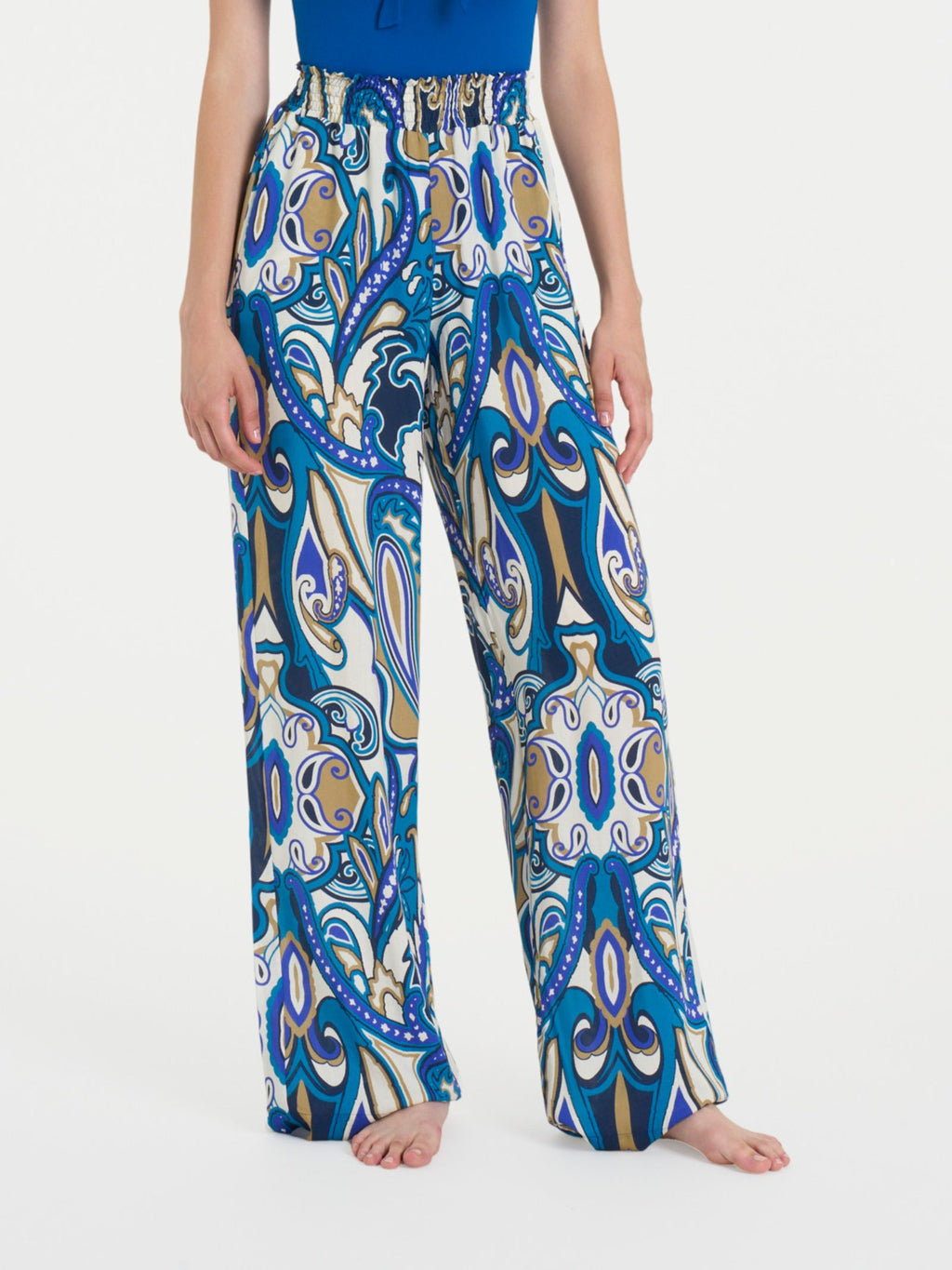 Ragno EcoSeta pantaloni palazzo blu fantasia in raso