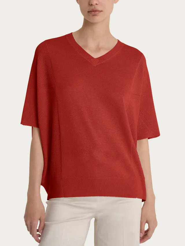 Ragno Maglione Scollo V Manica 3/4 Rosso Lurex Crepe