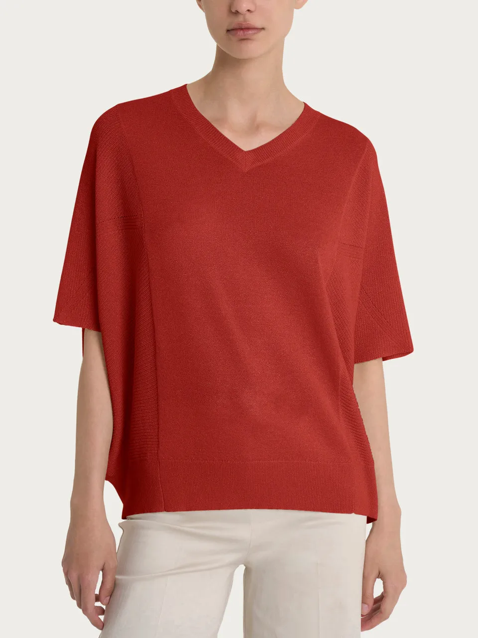 Ragno Maglione Scollo V Manica 3/4 Rosso Lurex Crepe