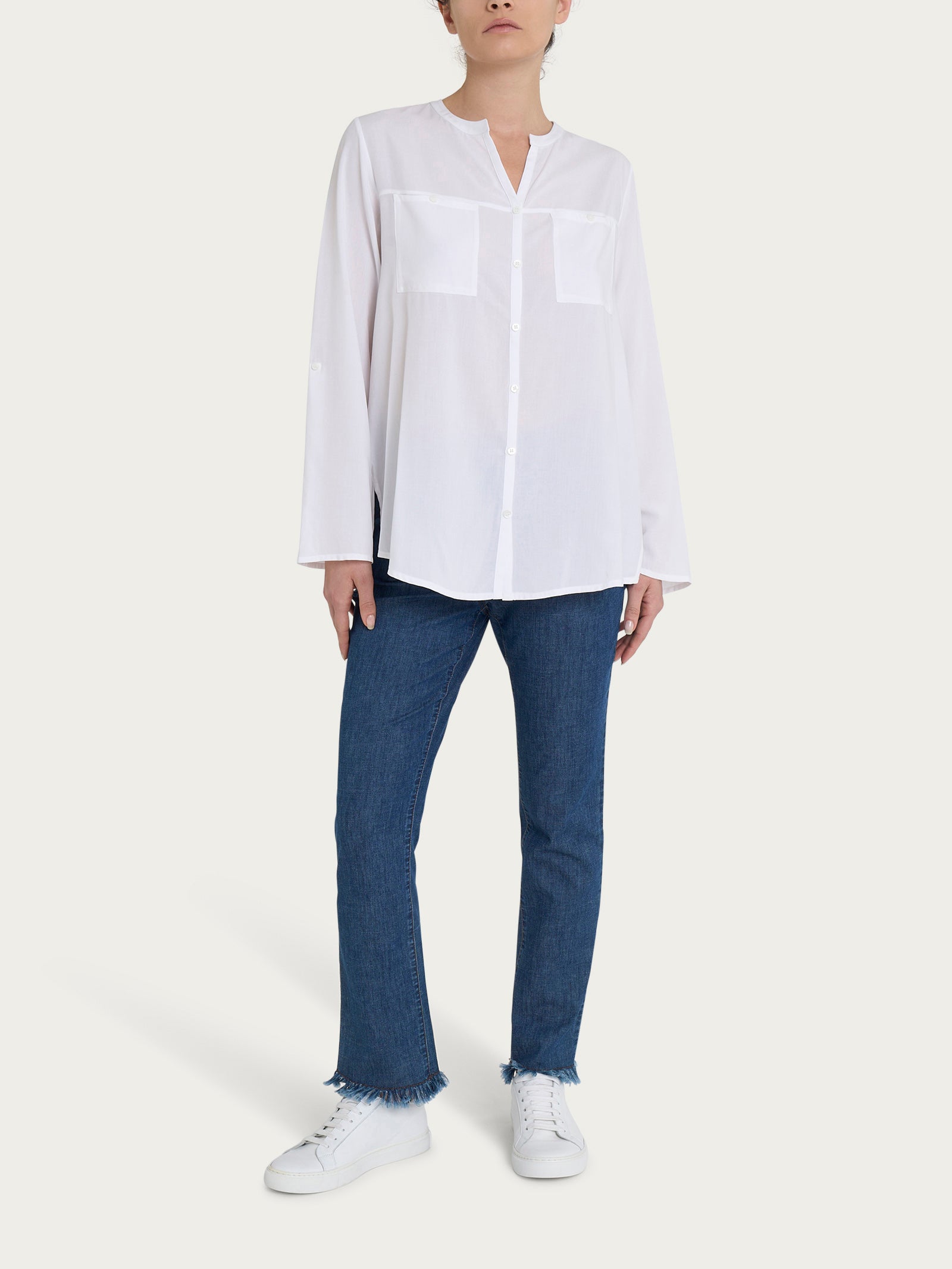 Ragno EcoSeta Camicia Collo Coreana Donna Bianco Manica Lunga