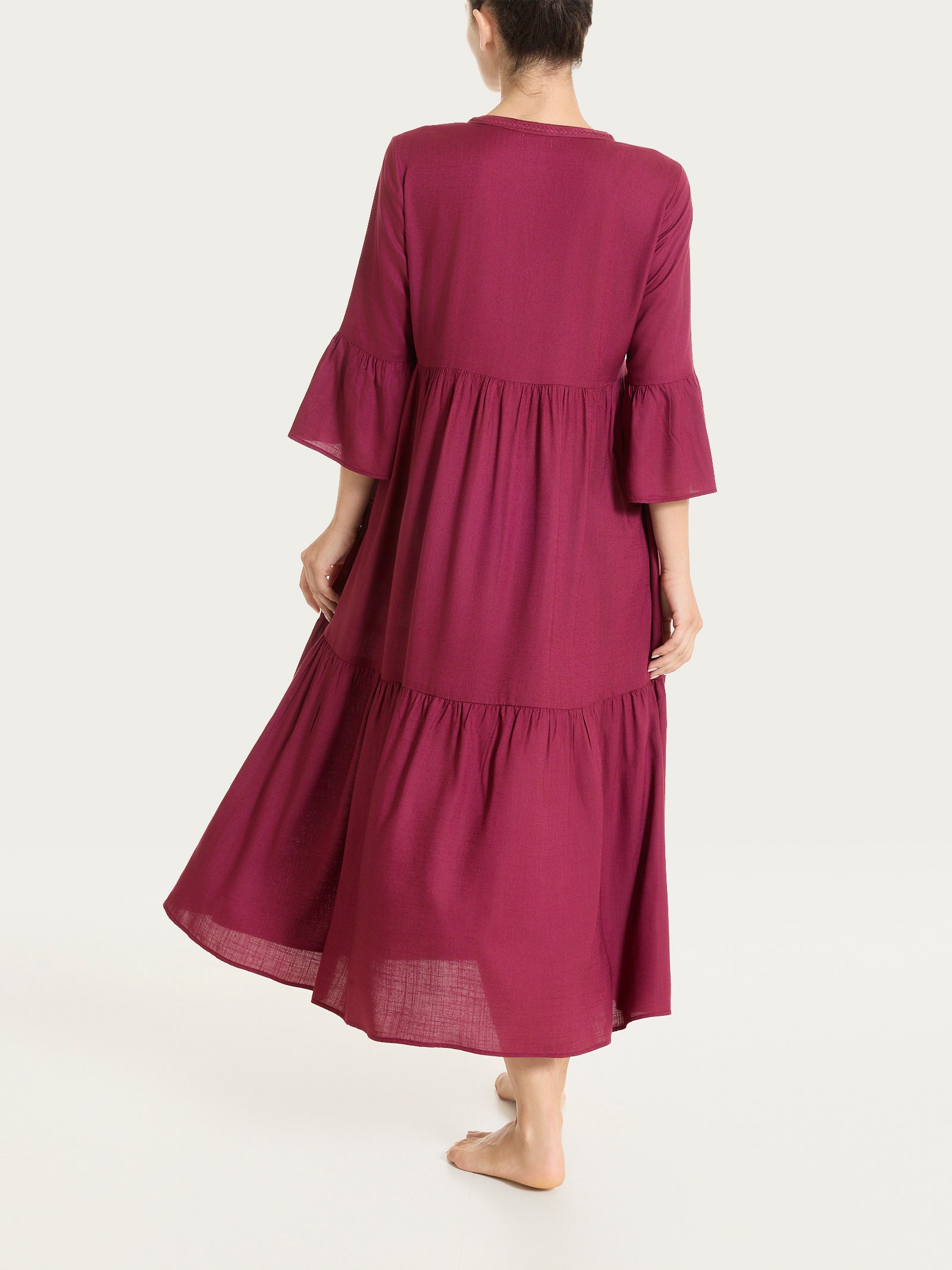Ragno Mussola Slub abito lungo balze beet red viscosa