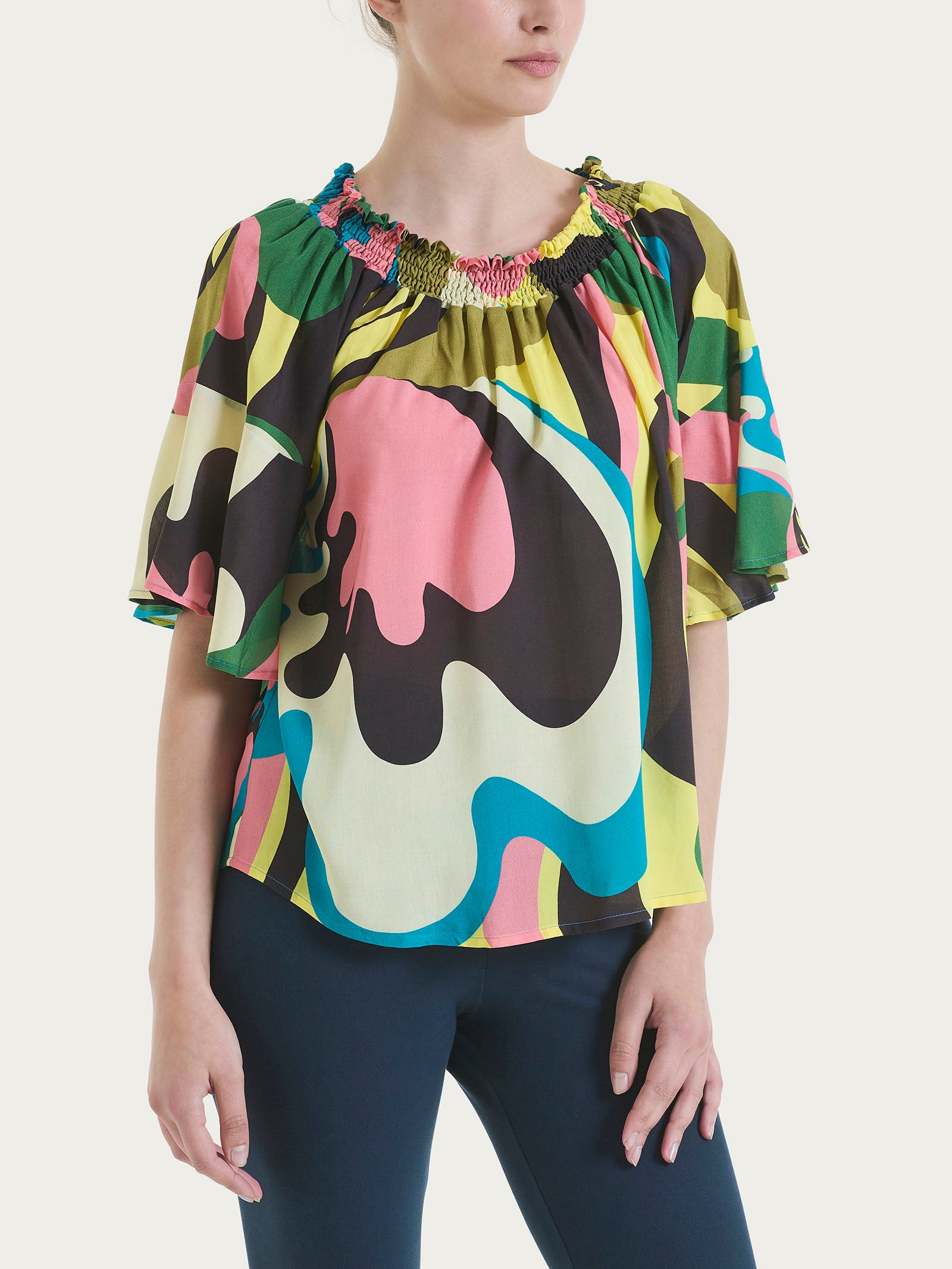 Ragno EcoSeta maglietta arricciata fantasia teal