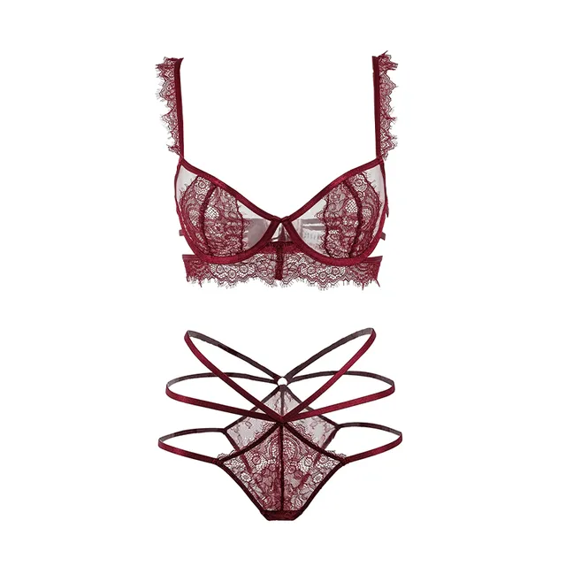 Maria Grazia Severi Strappy Eyelash Lace completino intimo bordeaux pizzo