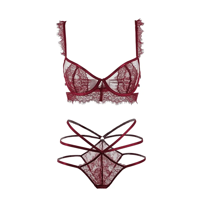Maria Grazia Severi Strappy Eyelash Lace completino intimo bordeaux pizzo