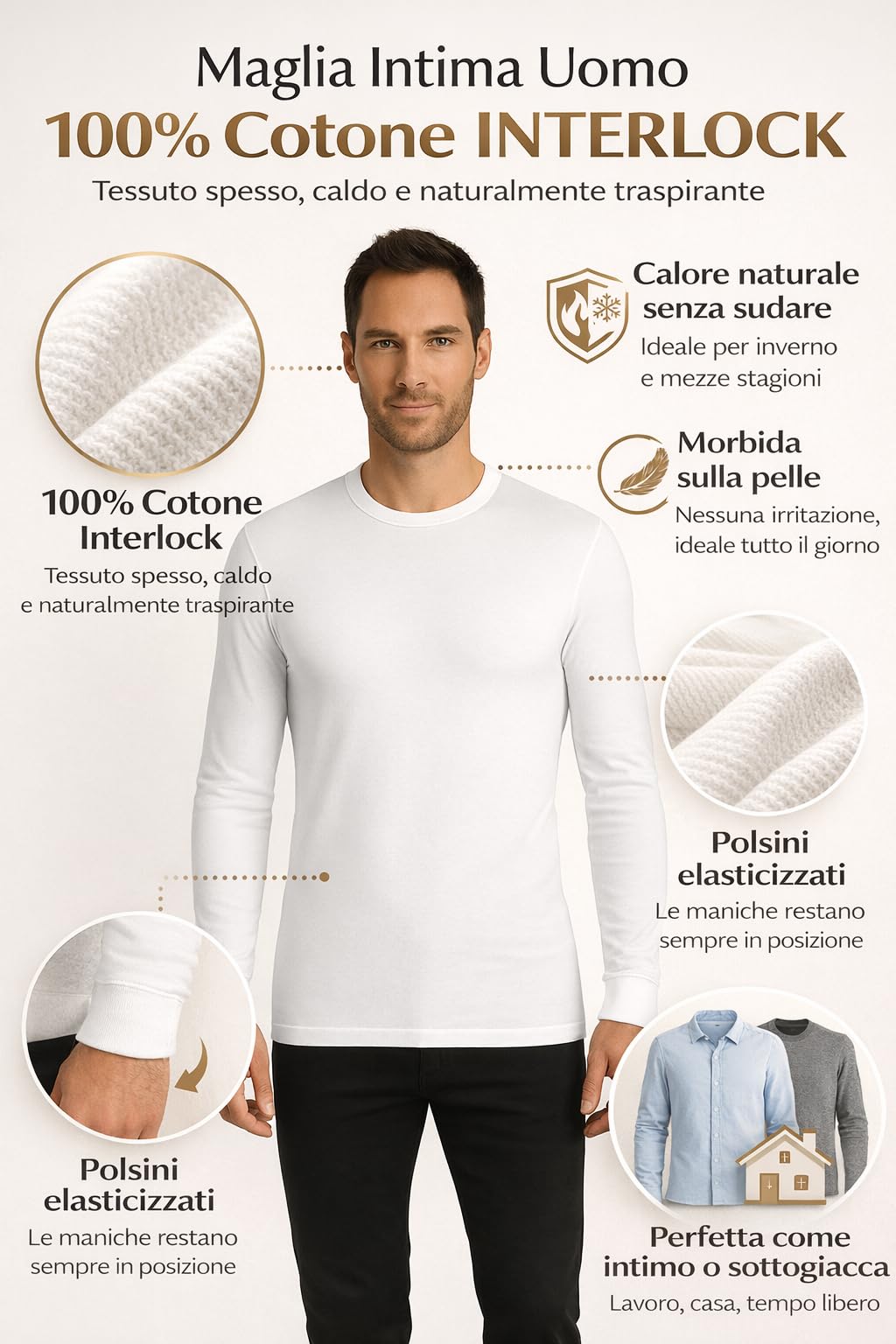 Lady C Maglia Intima Uomo Manica Lunga Cotone Bianca M Calda