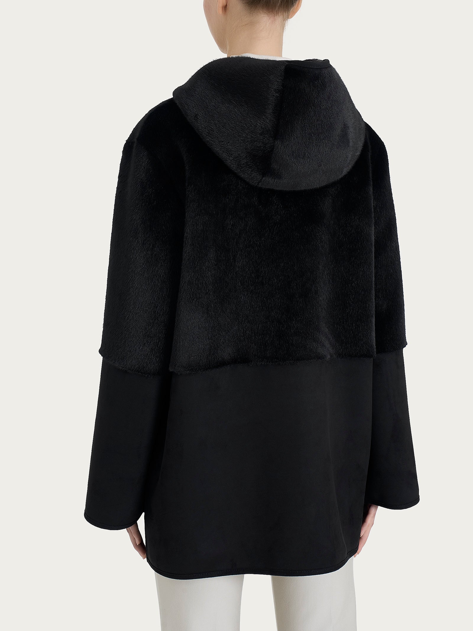 Ragno Vegan Shearling Giacca Double-Face Nera Cappuccio