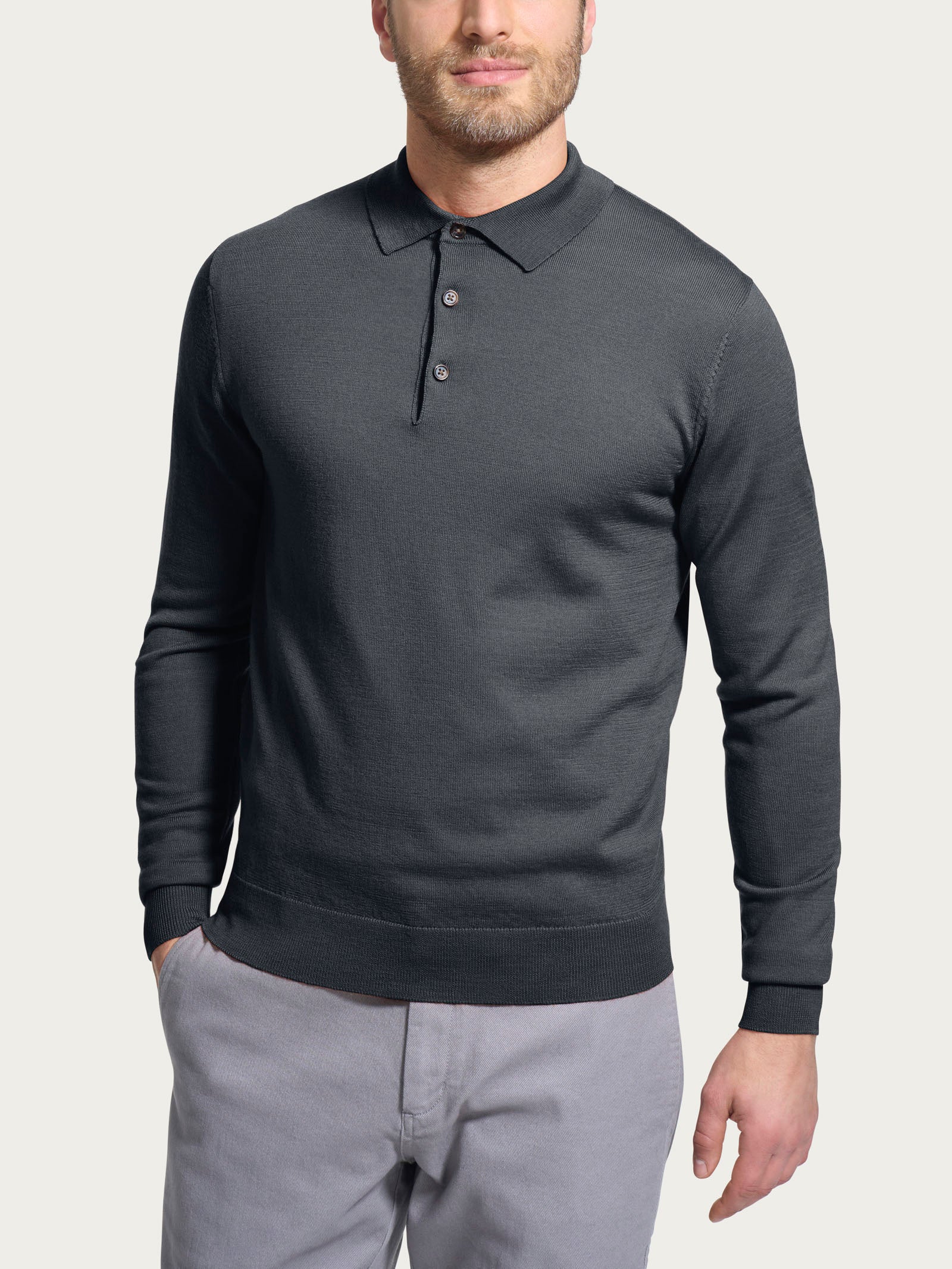 Ragno Merino Soft polo manica lunga lana Black Oyster uomo