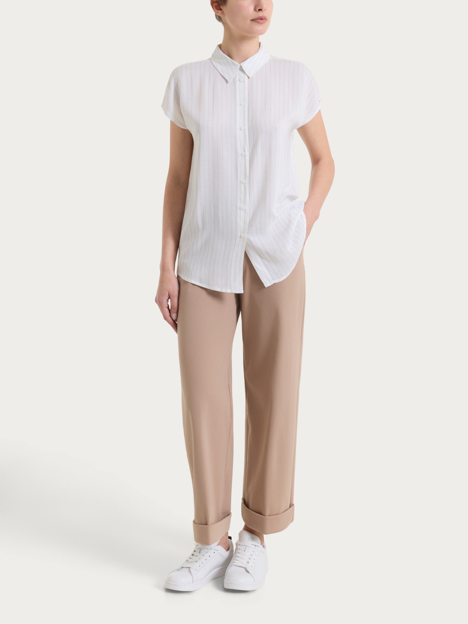 Ragno Ecoseta Camicia Rigata Manica Corta Champignon fluida