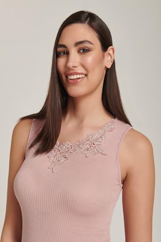 Lady C Plisse Spalla Larga Scollo Pizzo canotta rosa cipria calda
