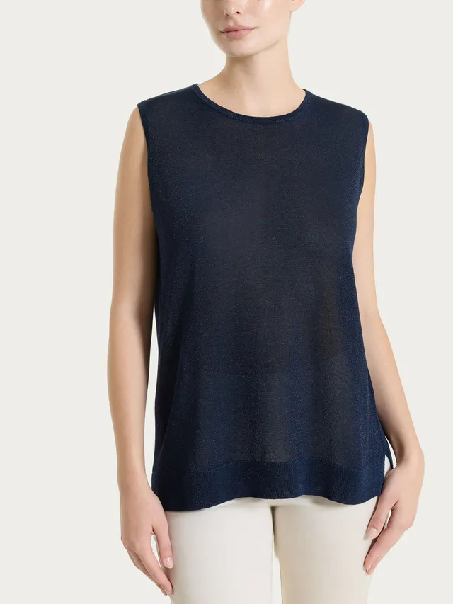 Ragno Crêpe Lurex Top Smanicato Spalle Larghe Bleu