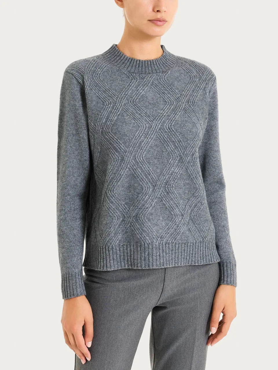 Ragno Natural Soft maglia girocollo trecce grigio Ferro Mel.