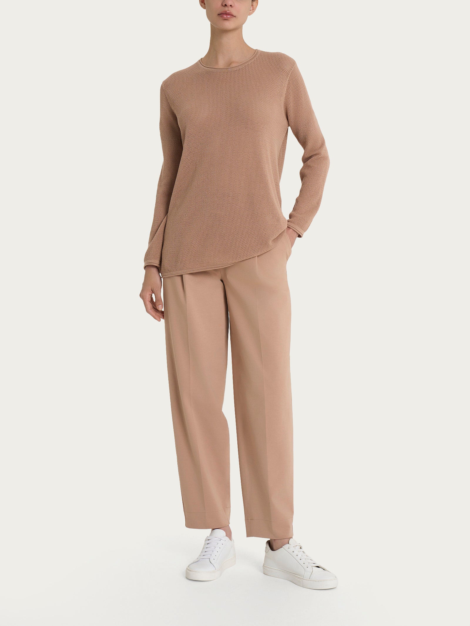 Ragno Maglia Punto Rete Cotone Warm Taupe Manica Lunga