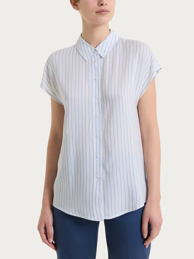 Ragno EcoSeta Camicia a Righe Manica Corta Blu