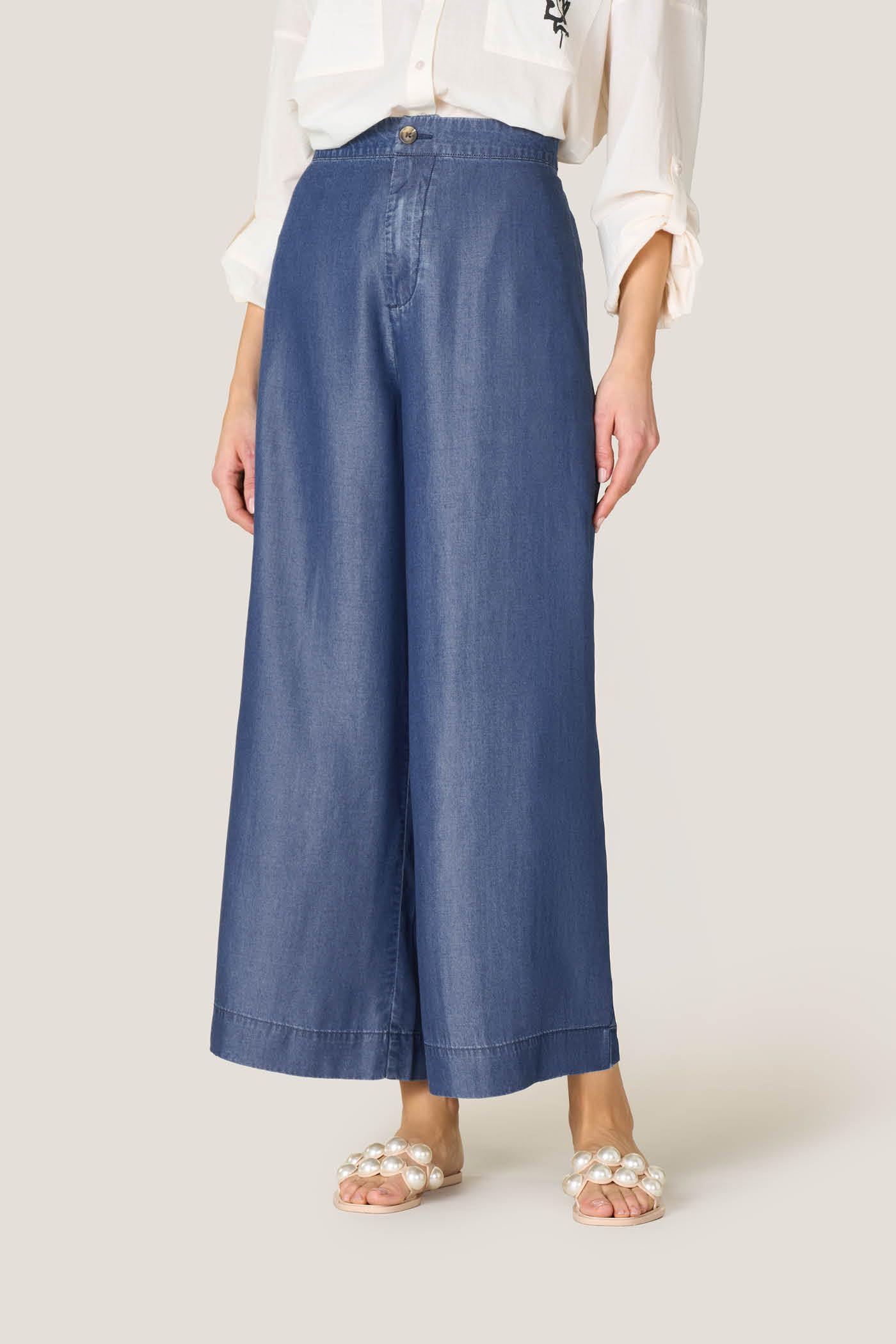 Goldenpoint Pantaloni Cropped Chambray Vita Semi-elasticata donna
