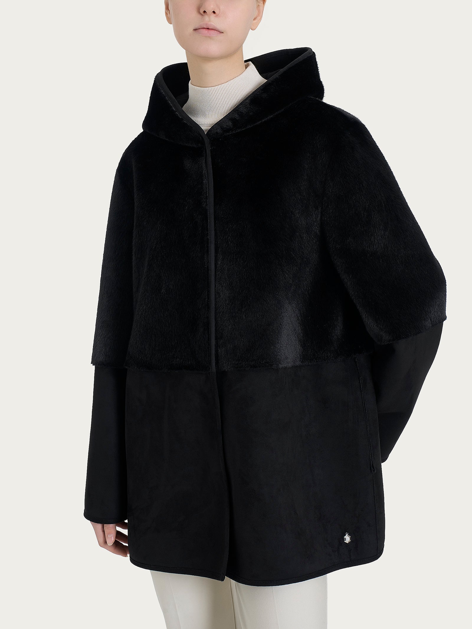 Ragno Vegan Shearling Giacca Double-Face Nera Cappuccio