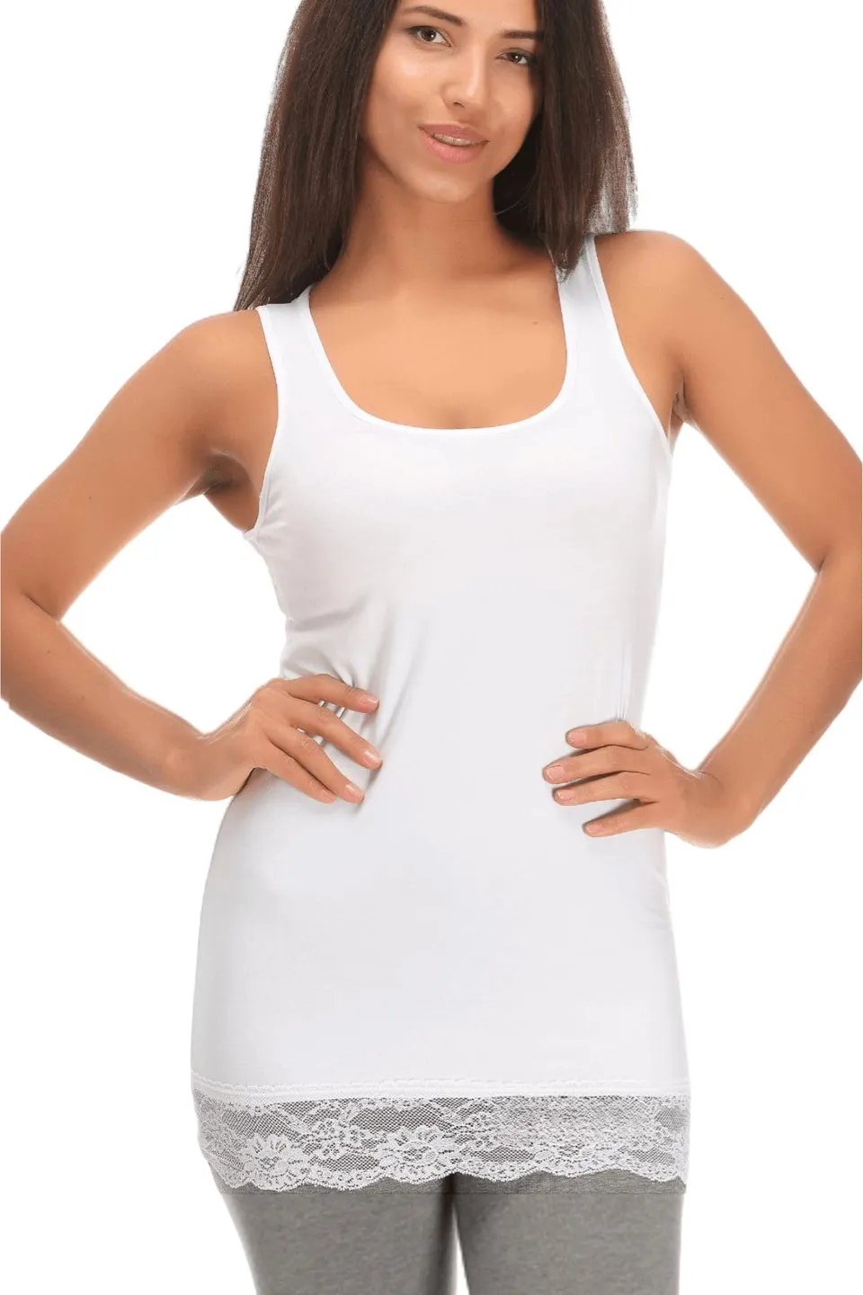 Lady C Canotta Spalla Larga Pizzo Cotone Modal Bianco S