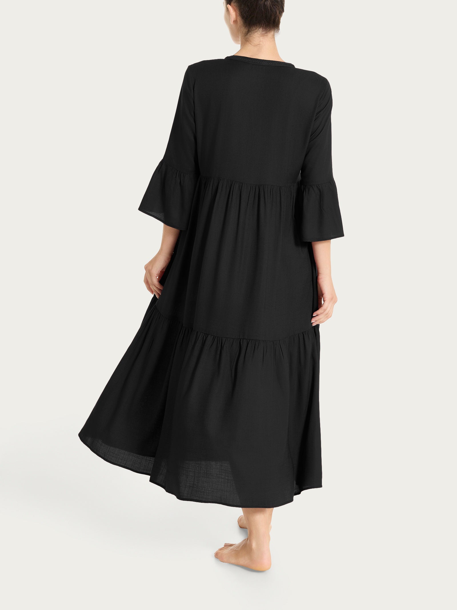 Ragno Mussola Slub Abito Lungo Nero con balze