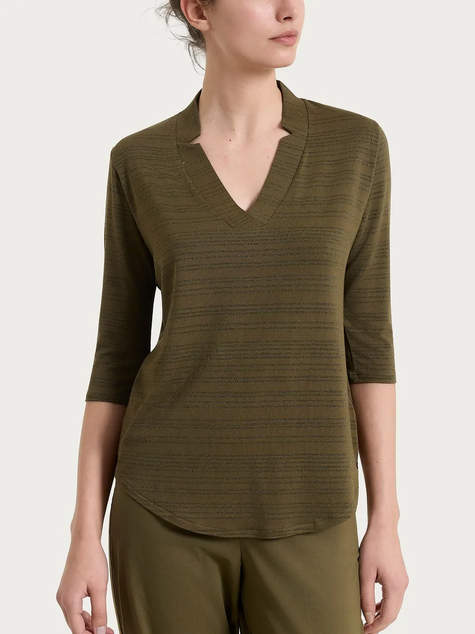 Ragno Viscosa Summer maglietta scollo a V righe Dark Olive soft