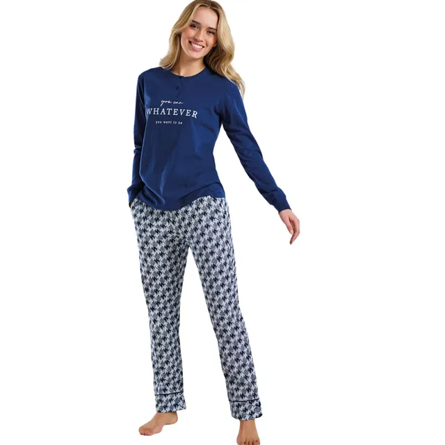Lady C pigiama donna cotone serafino blu S pied de poule