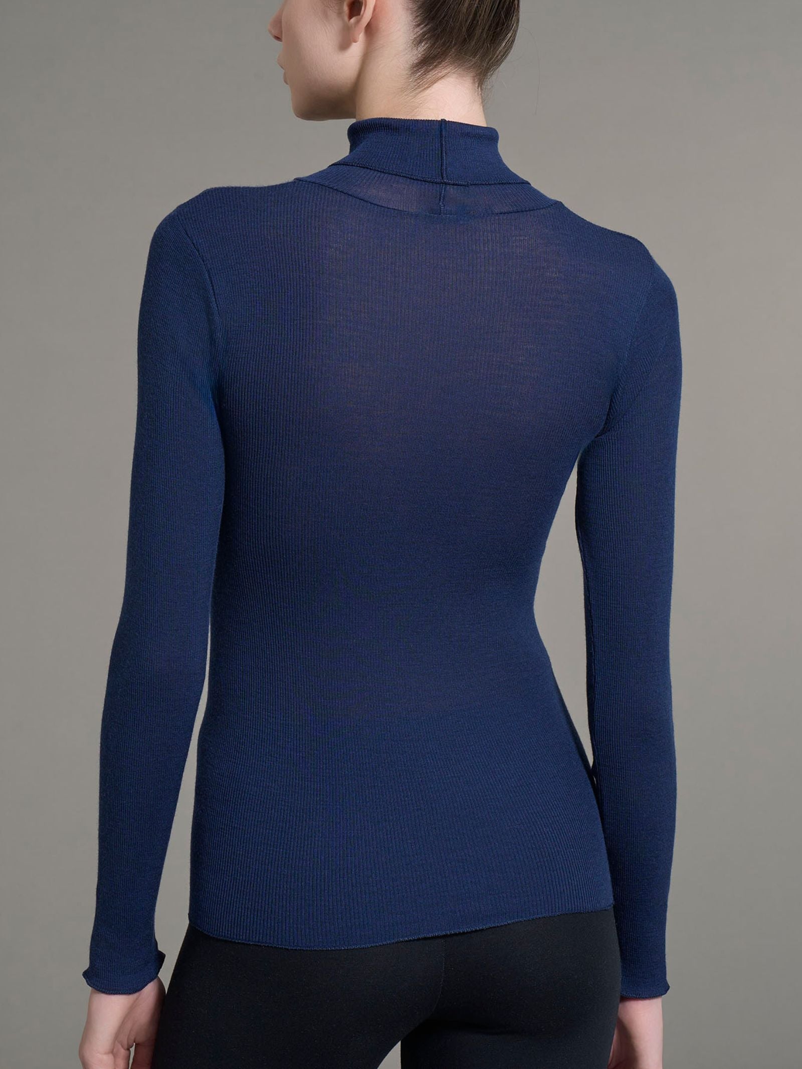 Ragno Lana Seta Dolcevita Collo Alto Bleu Manica Lunga